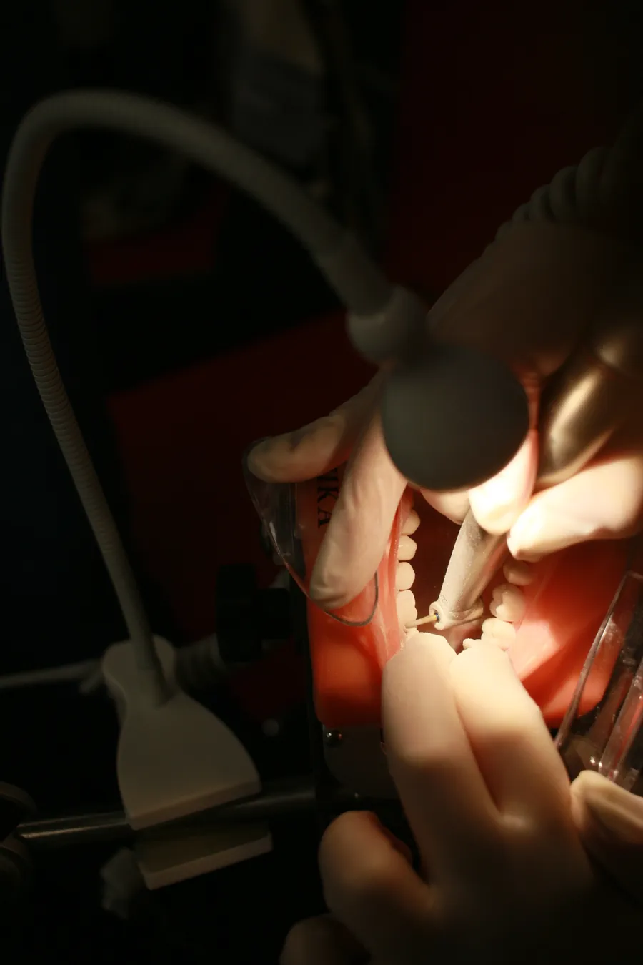 Manechinul stomatologic în semiîntuneric, cu lampa aprinsă pe arcada la care se lucrează